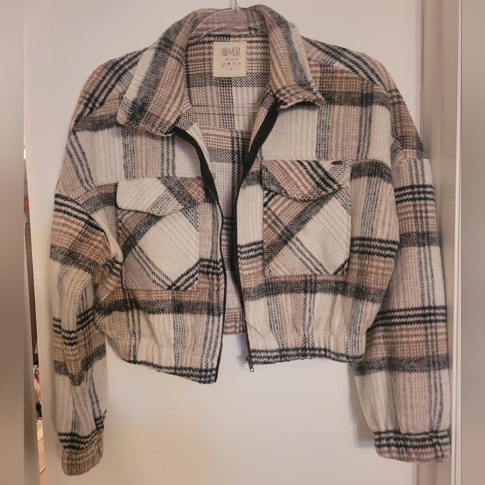 Plaid Bomber Jacket in Cream and Tan